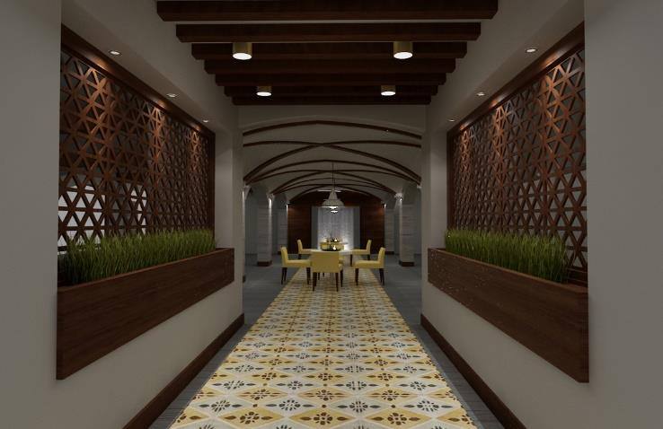 Casual dining restaurant with round tables and exposed beams