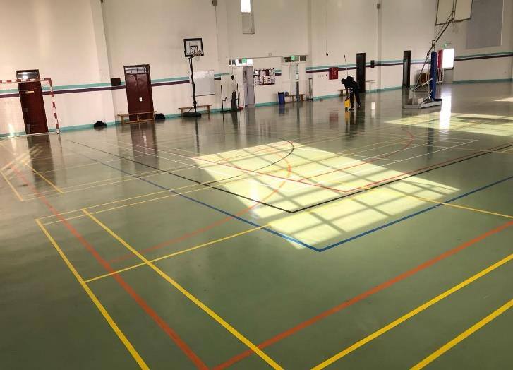 Indoor sports court with marked flooring